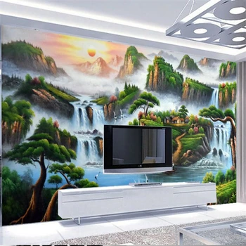 wellyu tridimensional montanha de água de cachoeira do nascer do sol de pintura a óleo, TV na parede do fundo personalizado grande mural verde papel de parede