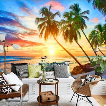 beibehang Personalizada foto de papel de parede para TV da sala de estar de plano de fundo do papel de parede papel de parede 3d paisagem à beira-Mar pôr do Sol Coco Beach