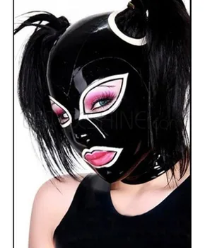 Negra Sexy Capa de Látex Máscara de Fetiche Puxe-através de Furos Para o Cabelo