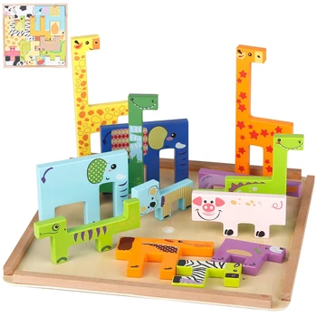 Crianças Eco-friendly Educacional de Madeira Animal Quebra-cabeça Tridimensional Brinquedos de Empilhar Jogo de Brinquedos, Presentes Para 3 a 6 Anos de Idade do Bebê