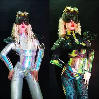Magic color laser de plástico transparente com um terno de peça interativa de abertura feminino gogo traje
