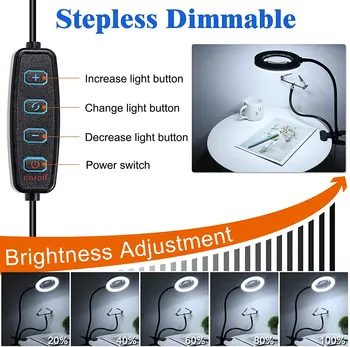 2021 360 Flexível 3 Modos de Luz 10 Níveis de Brilho Lupa com Luz de LED Lâmpada de lente de aumento Clipe Na Iluminado