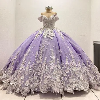 Lavanda, lilás Flores em 3D Apliques Vestidos de Quinceanera corset lace-up de baile, princesa Doce 16 Princesa Vestido de vestidos de 15 anos