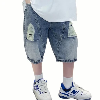 Meninos De Verão Jeans Grande Buraco Menino De Calças De Brim De Crianças Estilo Casual Curto Para Crianças, Adolescentes Roupa 6 8 10 12 14