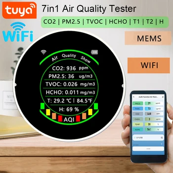 Tuya wi-Fi 7 Em 1 Qualidade do Ar Medidor de PM2.5 de CO2 COVT HCHO AQI de Temperatura e Umidade Testador de Exibição de Cores de Casa, a Qualidade do Ar Testador