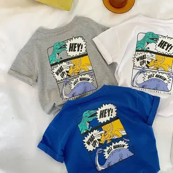 Dinossauro Impresso Crianças T-shirt de Verão Crianças Roupas 100% Algodão em forma de desenho animado para Crianças Tees Tops Meninos Crewneck de Manga Curta T