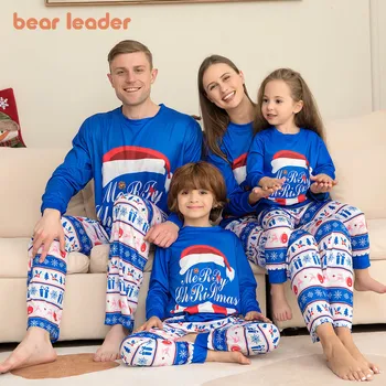 Urso Líder De Natal Da Família Combinando Roupas Listradas Novas Letra Imprimir Pijama Conjunto Mãe Pai Do Bebê Menina Menino Azul Royal Homewear