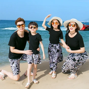 Família de verão Conjunto Casual Mãe/Pai/Criança camiseta+Shorts de Férias de Praia /Mar Correspondência de Roupa Casal Roupa Combinando