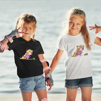 Princesa da Disney a Rapunzel e Coloretto Bonito Imprimir T-shirt Preto Harajuku Kawaii Crianças Tshirt Rua de Verão Casual Crianças Tops T