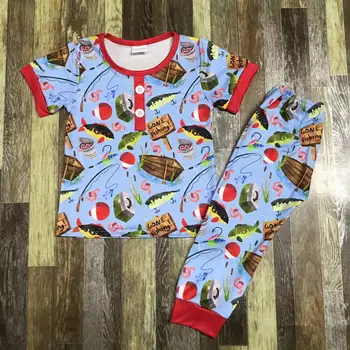Crianças adoráveis boutique de roupas vêm de pesca estilo manga curta vermelha de laço de correspondência de calça de pijama conjunto 11