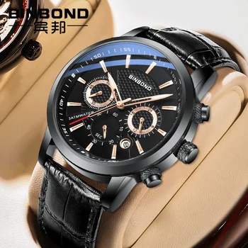 2023 Novos Relógios de homens de BINBOND Marca Top de Couro Cronógrafo Esporte Impermeável Data Automática do Relógio de Quartzo Para Homens Relógio Masculi