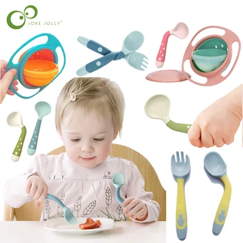 Crianças de Bebê Talheres de Plástico de Rotação Equilíbrio Tigela Dobrável Garfo Colher de Sopa de Concha Comer Formação de Alimentos Complementares TMZ
