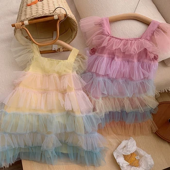 Urso Líder Roupas das Meninas Crianças usam arco-íris Multi-camada de Malha Vestido de Verão Princesa Dança Bolo de Vestidos Vestido Roupas de Crianças
