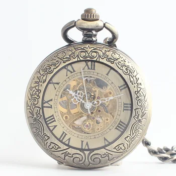 20pcs/muito Vintage Flip Mecânica Relógio de Bolso Esqueleto Clássico Romano de Marcação dos Homens Relógios de Presente de Relógio Com Corrente