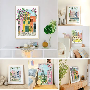 Simples Nórdicos pintados em aquarela planta e flor de arquitetura, a pequena cidade de layout, sala de estar, piso pintura de decoração