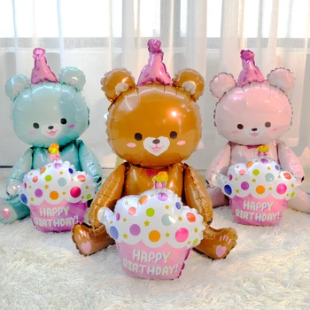 6Pcs cor-de-Rosa Urso Marrom Balões Folha 3D Segurando Bolo Feliz Aniversário Urso Hélio Ar Globo de fotografias da Festa de Prop Decorações do Chuveiro do Bebê