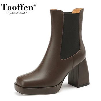 Taoffen Nova Chegada Mulheres Tornozelo Botas de Couro Real Sapatos femininos da Moda de Inverno Salto Alto Curto de Inicialização de Tamanho de Calçado de 34-40